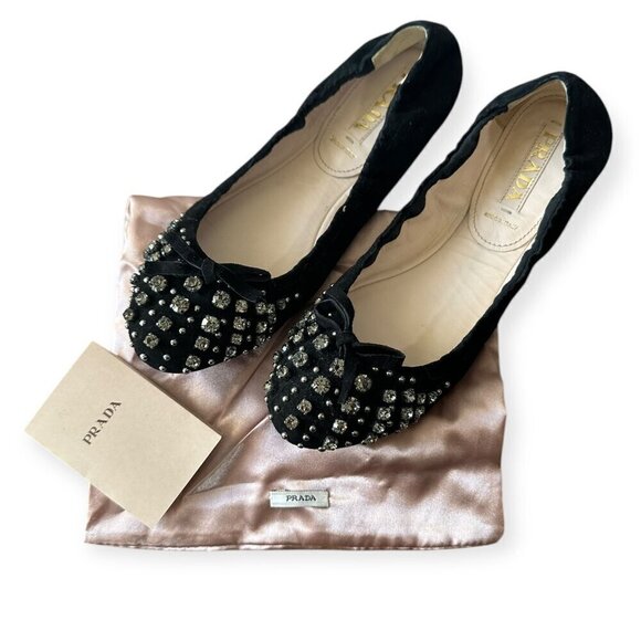 Prada Black Suede Jeweled Ballet Flats, size 39 EU, Original box, dust bag - Picture 2 of 14